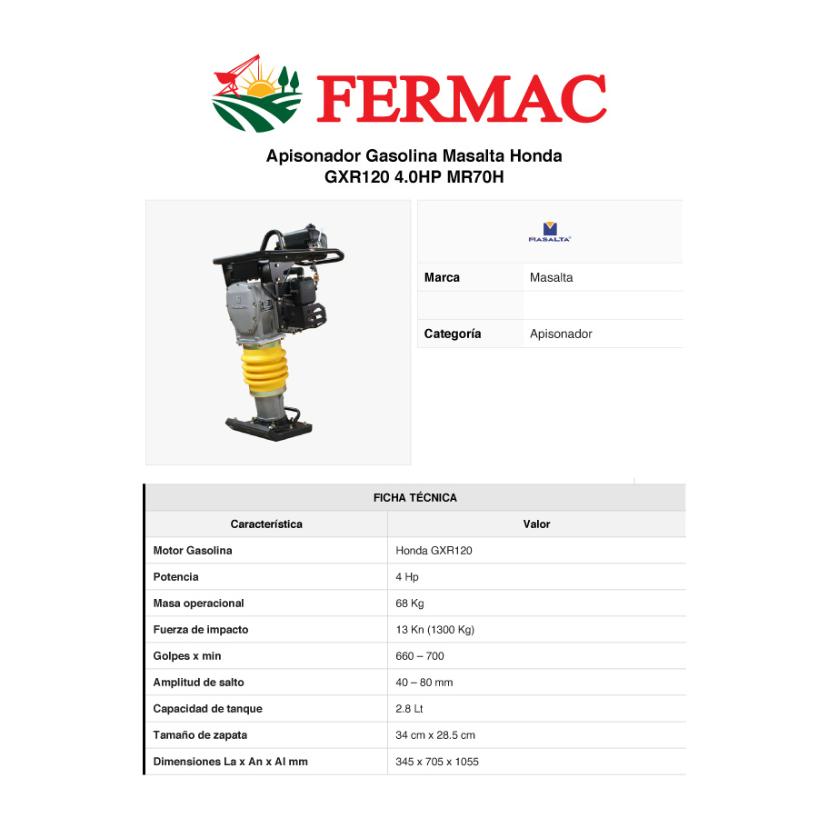 Apisonador Masalta MR-70H - Motor gasolina HONDA GX-120 - Imagen 2