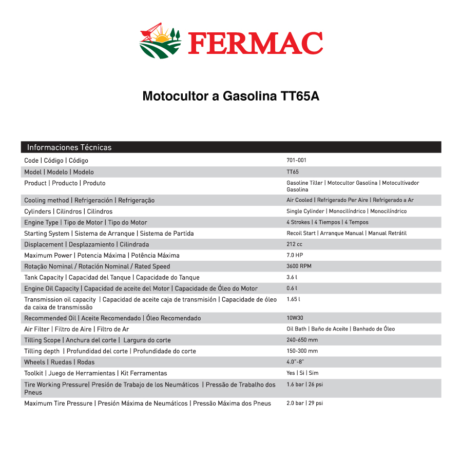 Motocultor a Gasolina TT65A (701-006) - Imagen 4