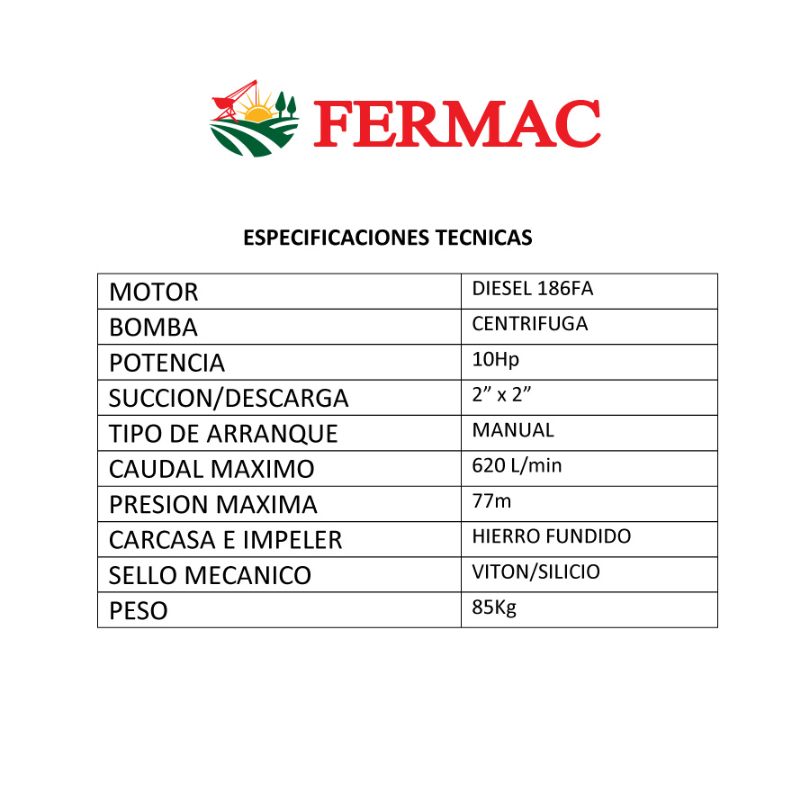 Motobomba Alta Presión 2x2 pulgadas - Motor Diesel Fermac - 10hp - Imagen 2